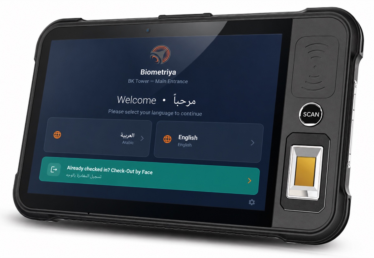 BVMS tablet application shown on a Biometriya BMBT 2 rugged biometric tablet for reception and security personnel