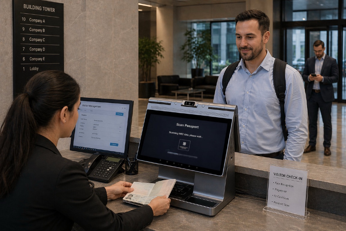 Reception staff scanning a visitor passport with the Biometriya VMS desktop kiosk