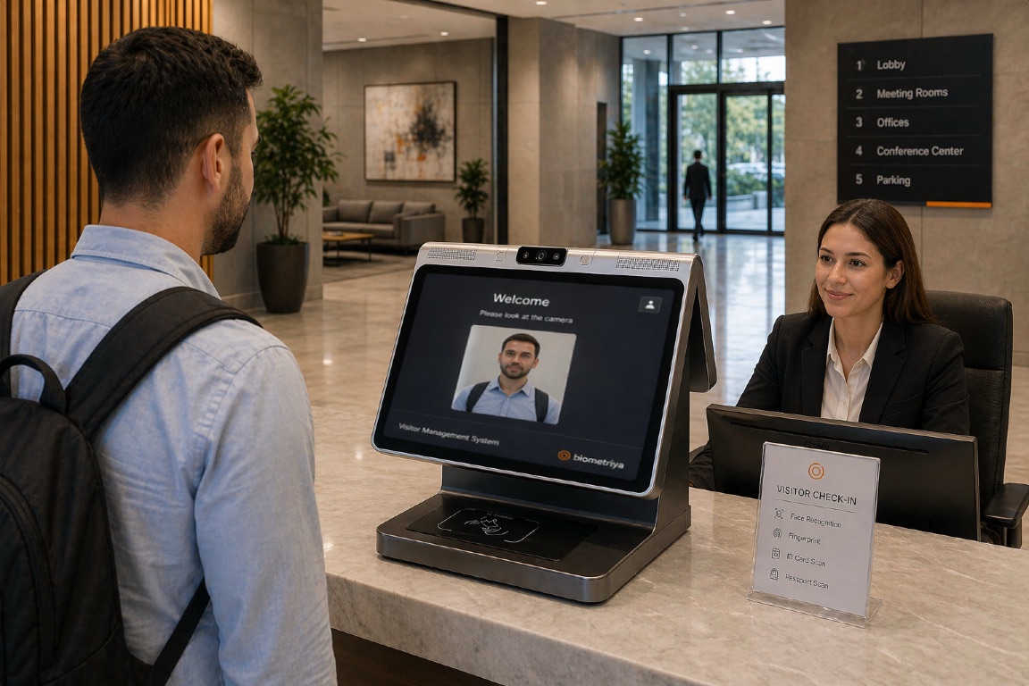 Biometriya VMS desktop kiosk welcoming a visitor at a modern reception desk