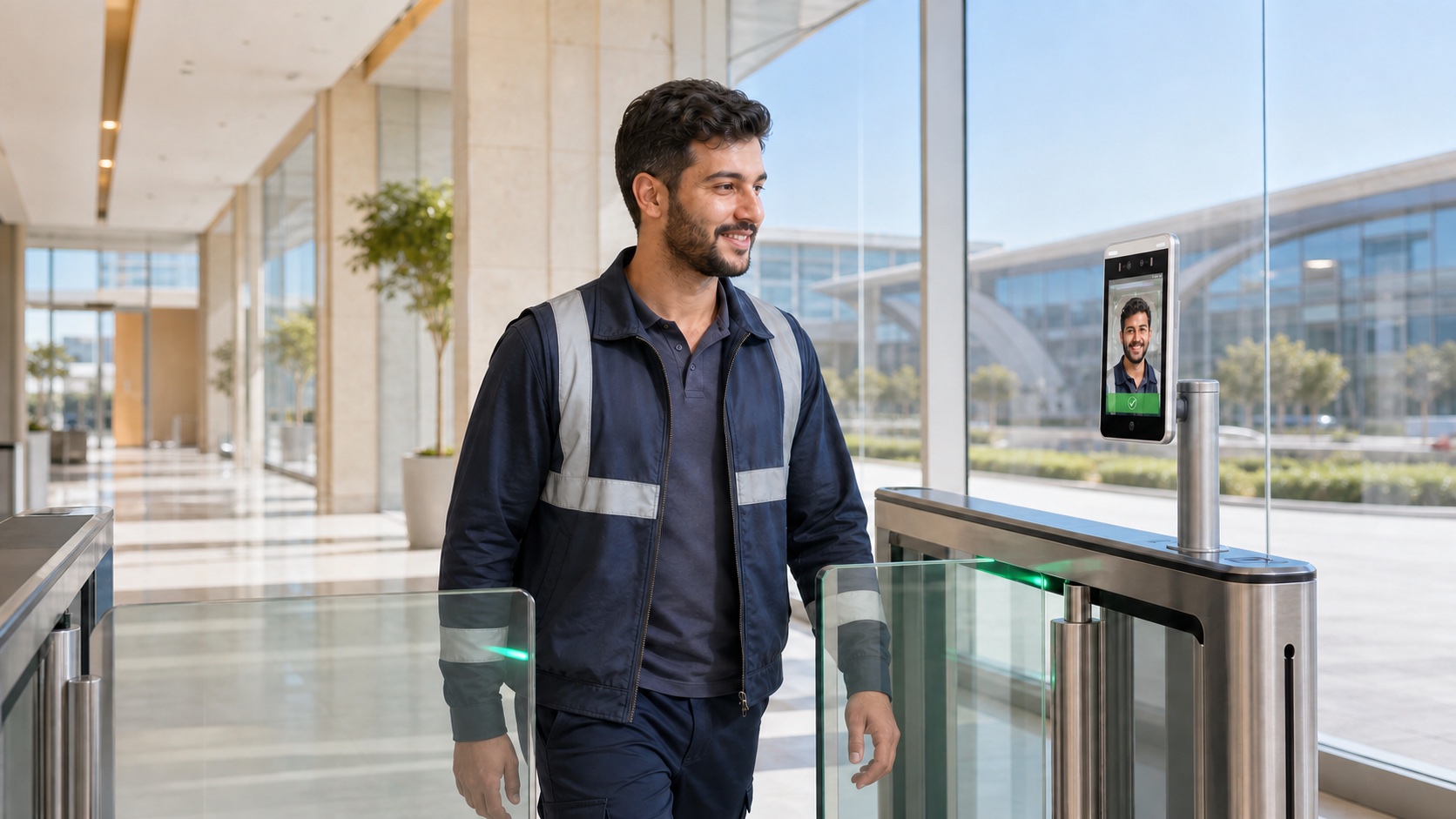 Worker using FacePass at a fixed biometric access gate